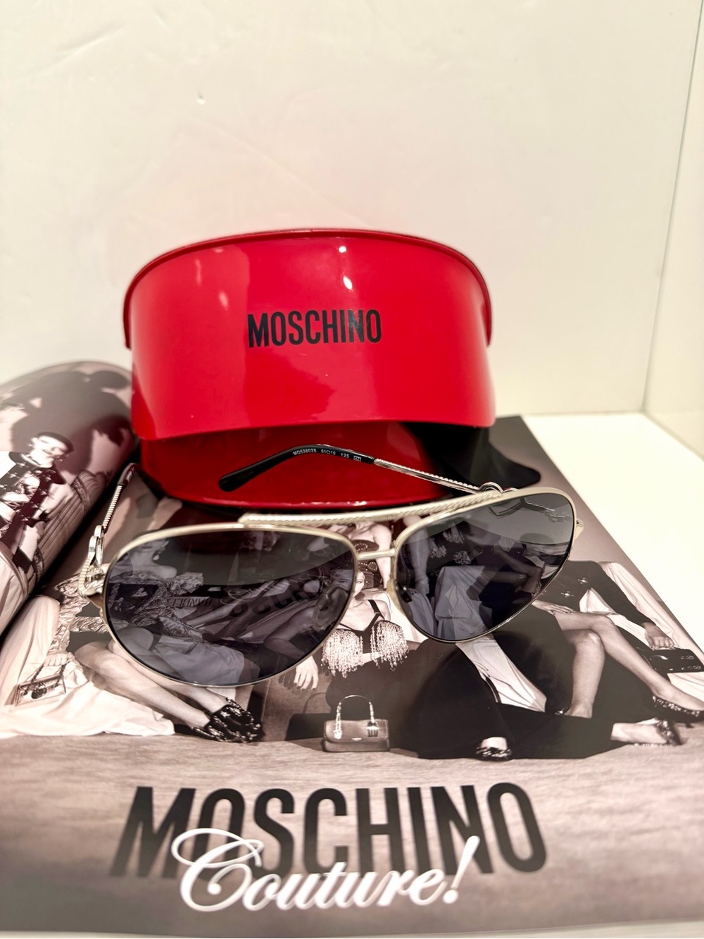 Moschino Silver Metal Aviator Sunglasses with Red Logo Case
